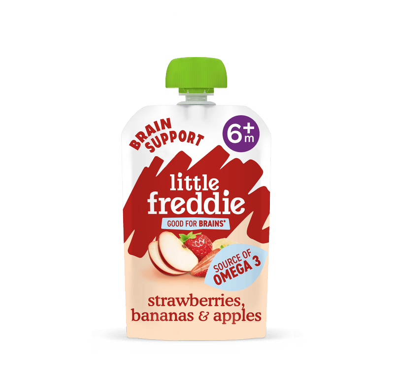 Little Freddie baby food pouch with strawberries, bananas, apples, and Omega 3.