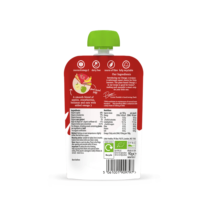 Little Freddie organic fruit puree pouch, featuring apples and strawberries.