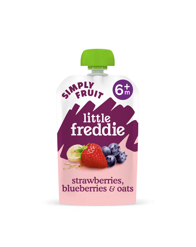 Little Freddie fruit pouch with strawberries, blueberries and oats for 6+ months.