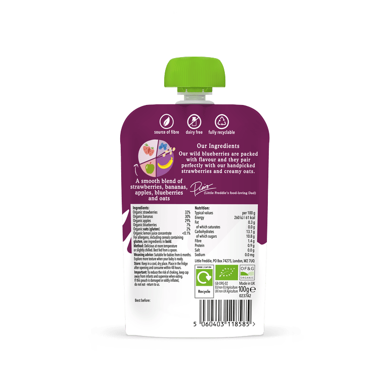 Back view of Little Freddie fruit puree pouch with ingredients list and nutrition facts