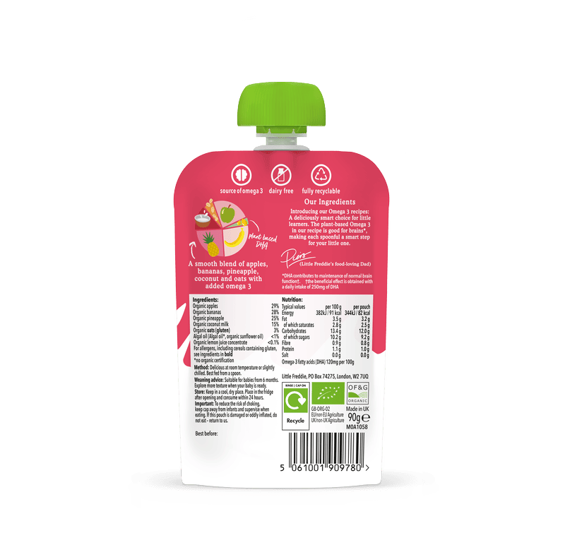 Little Freddie's Omega 3 smoothie pouch with nutritional details and green cap