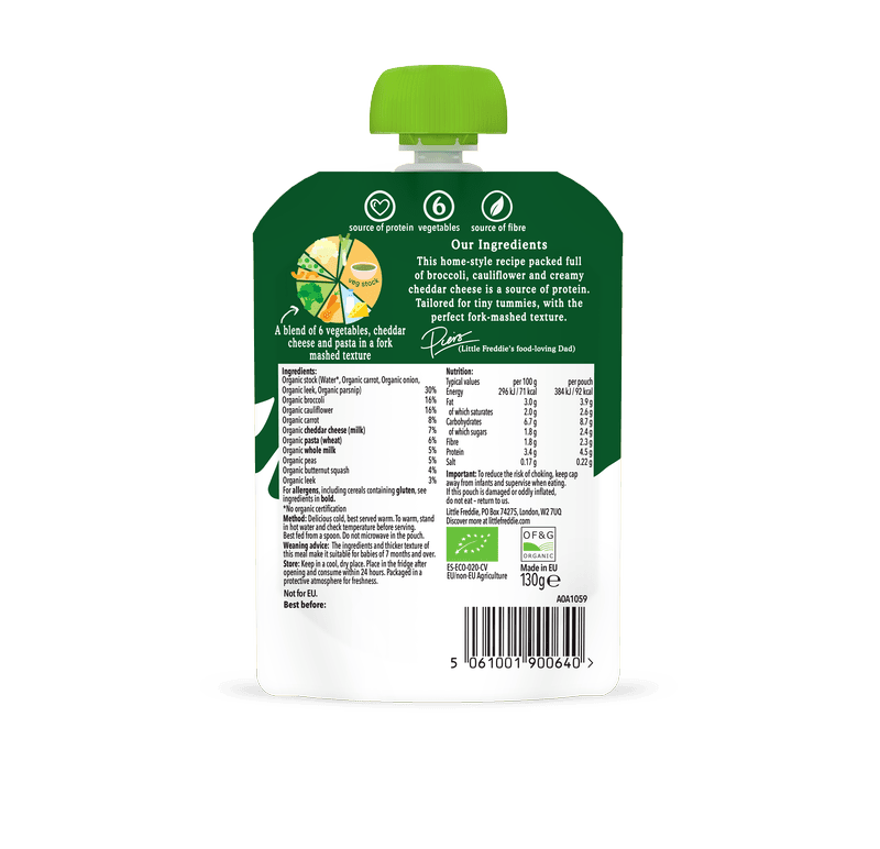 Little Freddie organic vegetable and cheddar pouch label with ingredients.