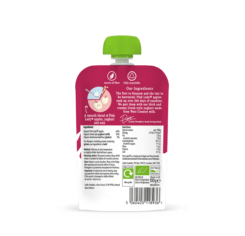 Little Freddie yoghurt pouch with organic Pink Lady apples and oats, 100g.