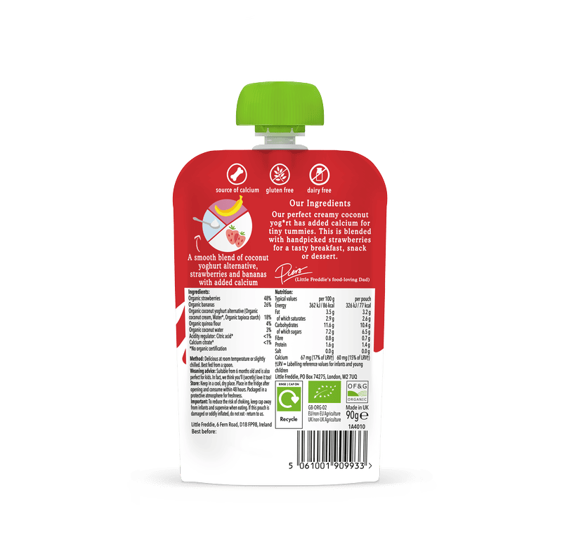 Little Freddie strawberry coconut yoghurt pouch, gluten and dairy free.
