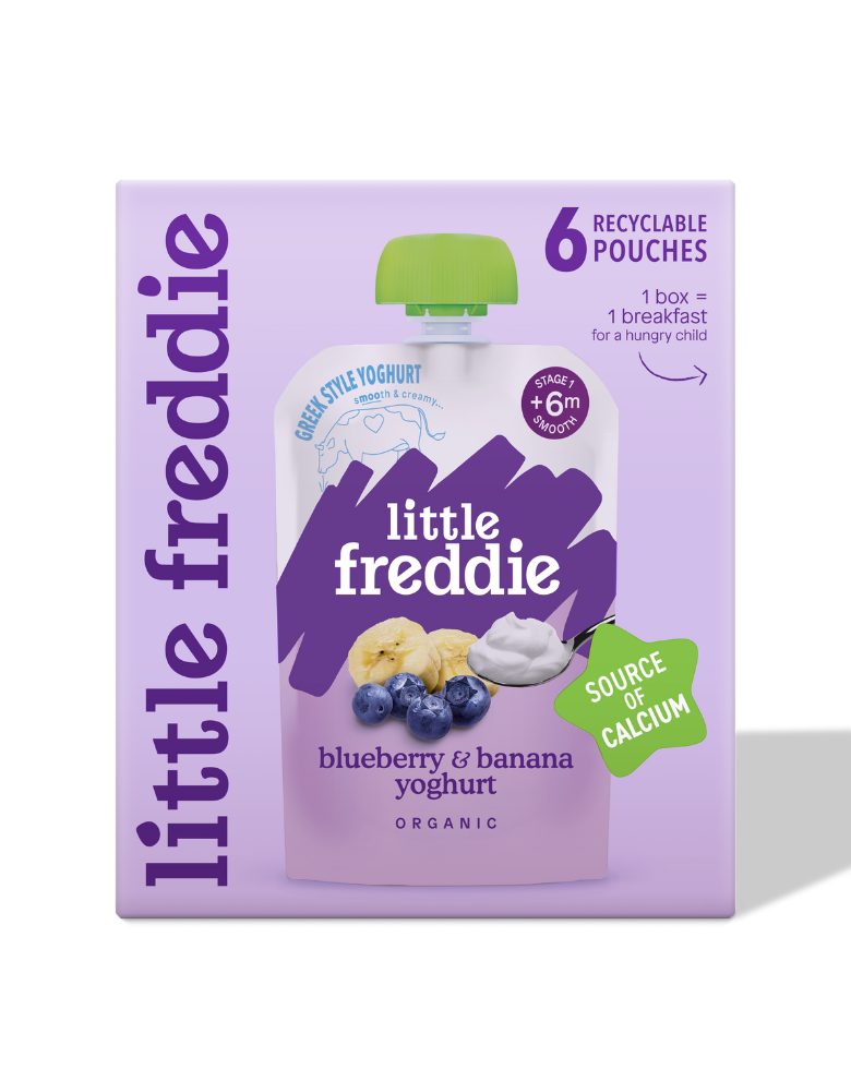 Little Freddie blueberry banana yoghurt pack with six recyclable pouches.