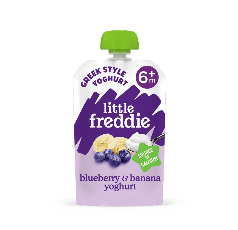 Little Freddie blueberry and banana Greek style yoghurt for 6 months+, source of calcium.