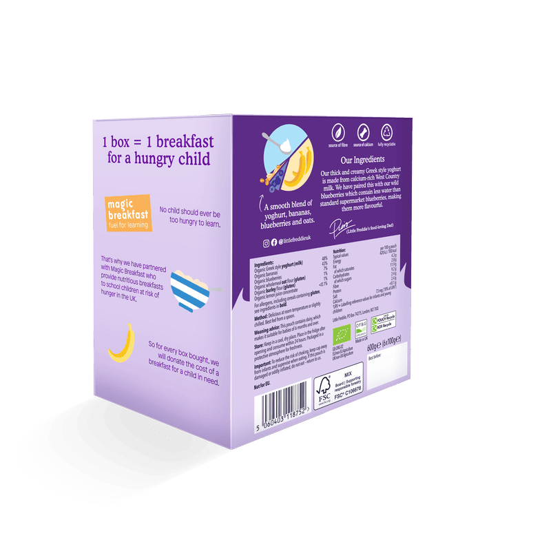 Little Freddie breakfast box promoting child hunger charity support with fruit blend details.