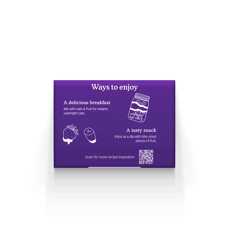 Purple packaging with breakfast and snack serving suggestions, featuring oats and fruit.