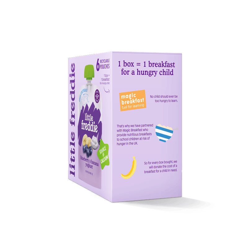 Little Freddie blueberry banana yoghurt box, supports Magic Breakfast charity.