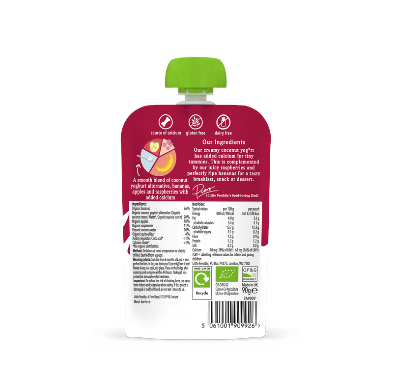 Little Freddie coconut yoghurt blend pouch with ingredients list and nutritional info.