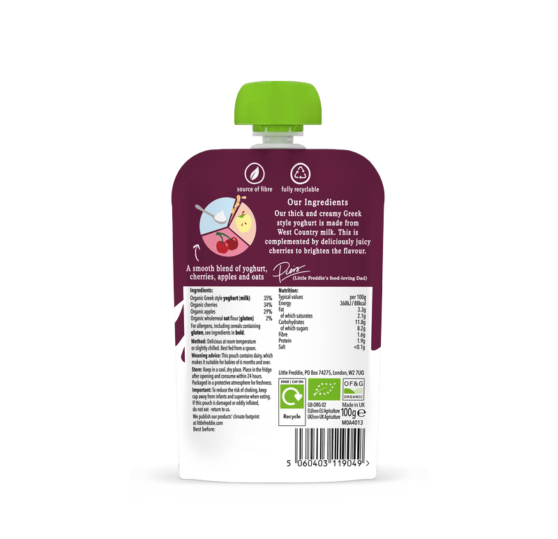 Little Freddie yoghurt pouch with ingredients listing and recyclable packaging.