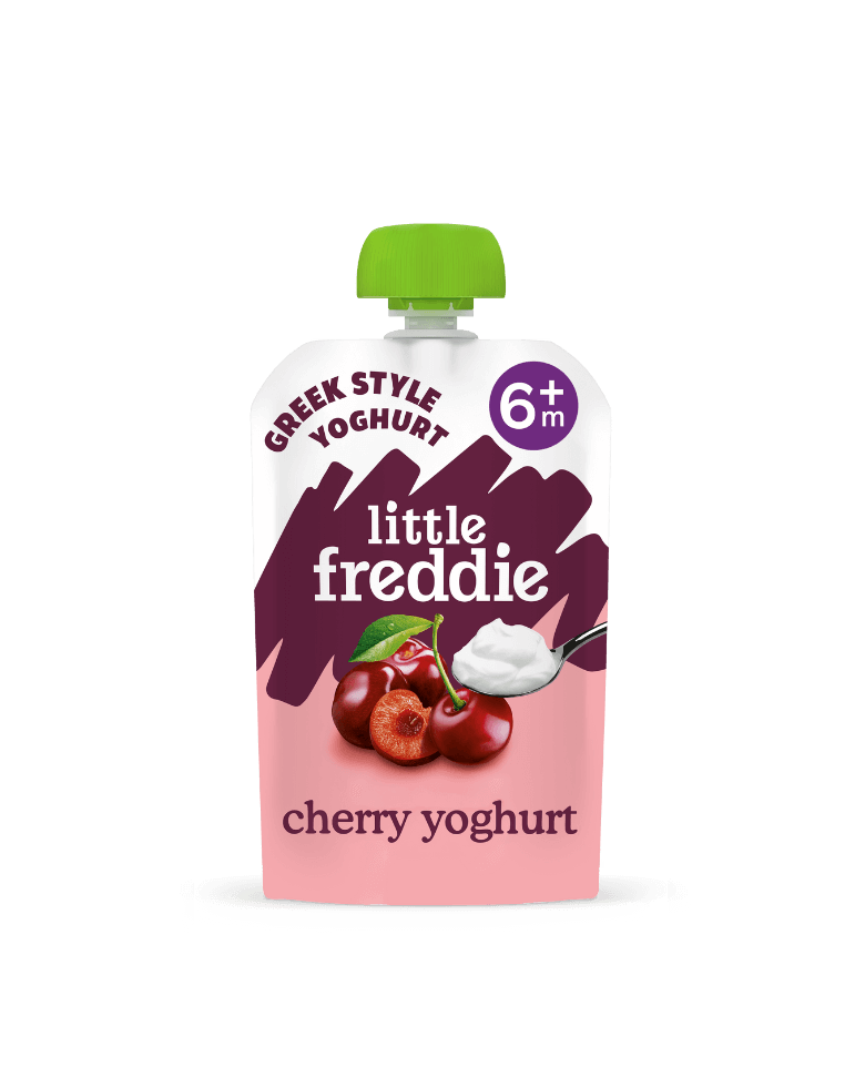 Little Freddie Greek style cherry yoghurt pouch for 6 months and older infants.