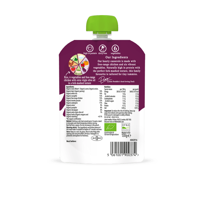 Little Freddie organic baby food pouch with chicken and vegetables.