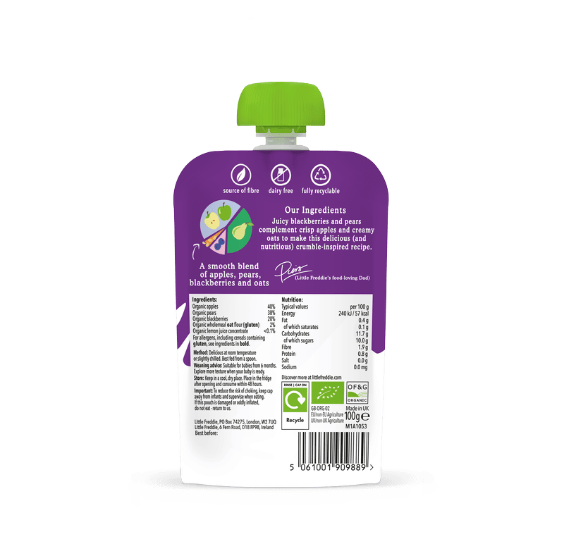 Little Freddie's apple, pear, blackberry, oat pouch; organic, fibre-rich, and recyclable.