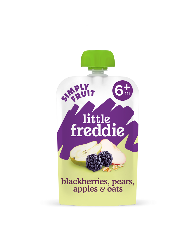Little Freddie baby food pouch with fruit and oats, suitable for 6+ months.