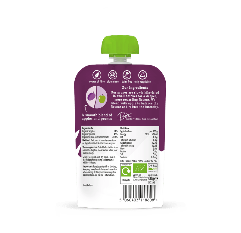 Little Freddie's organic fruit purée pack, apple and prune blend.