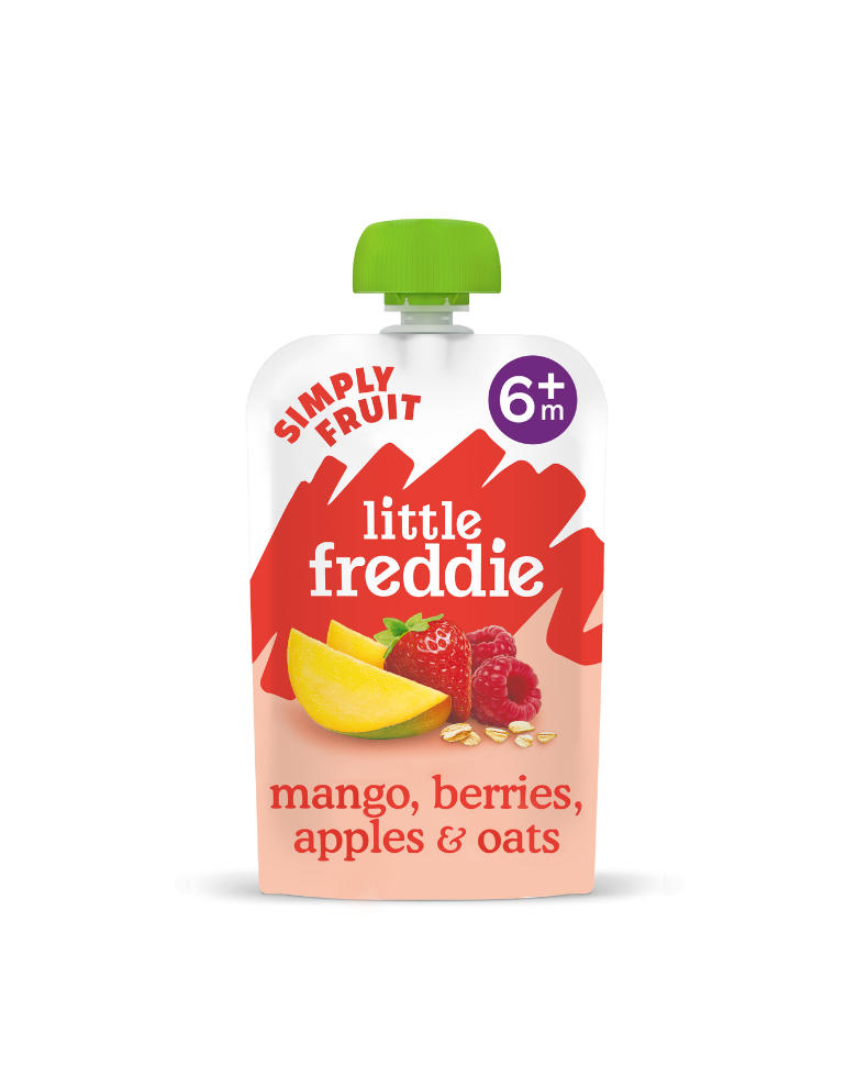 Little Freddie baby food pouch with mango, berries, apples, and oats blend for 6 months and older.