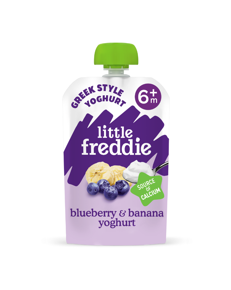 Little Freddie blueberry banana yoghurt pouch for babies, rich in calcium.