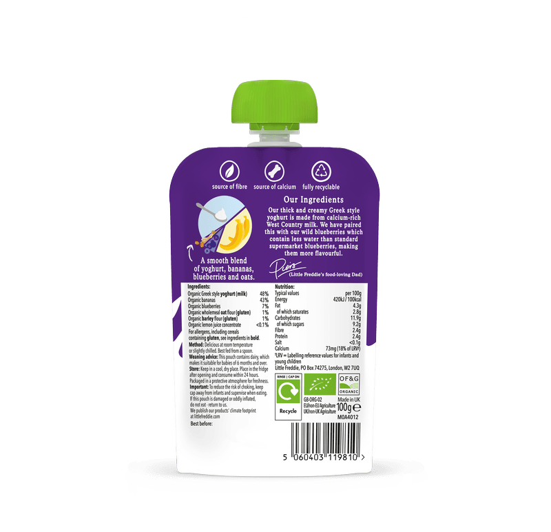 Little Freddie yoghurt blend pouch with ingredients and nutritional info displayed.