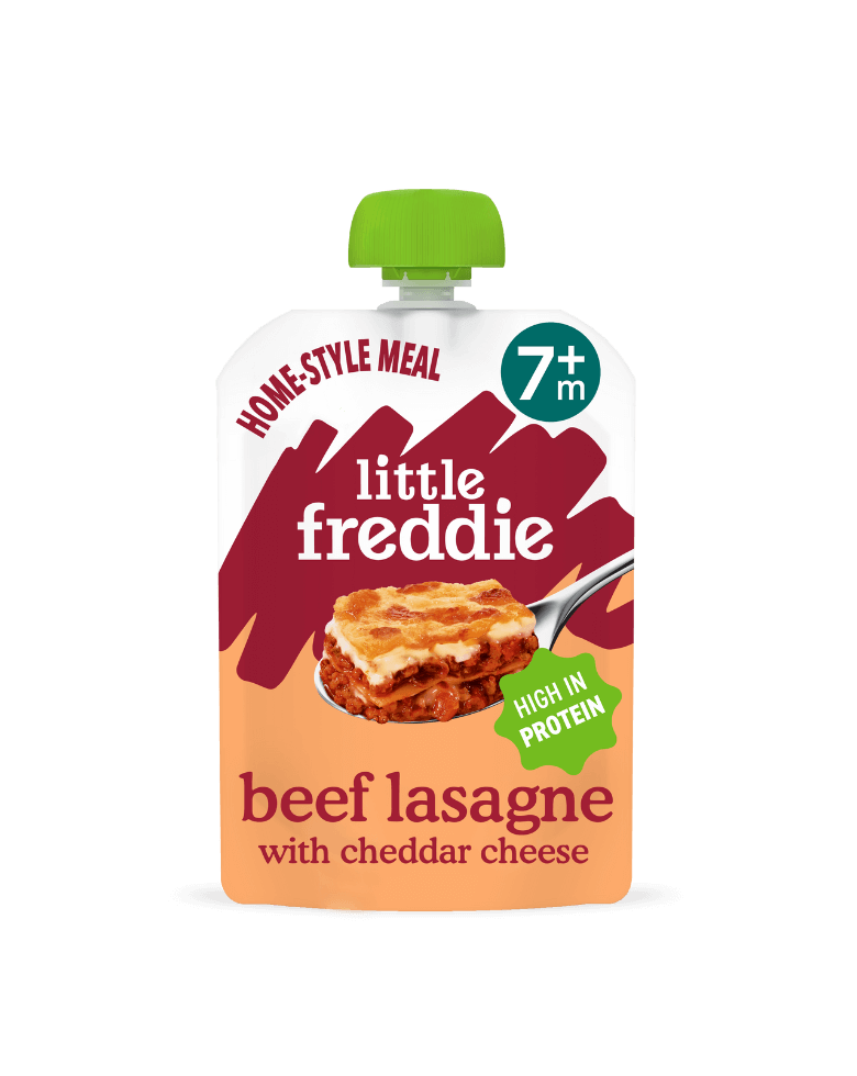 Little Freddie beef lasagne pouch for 7+ months, high protein meal.
