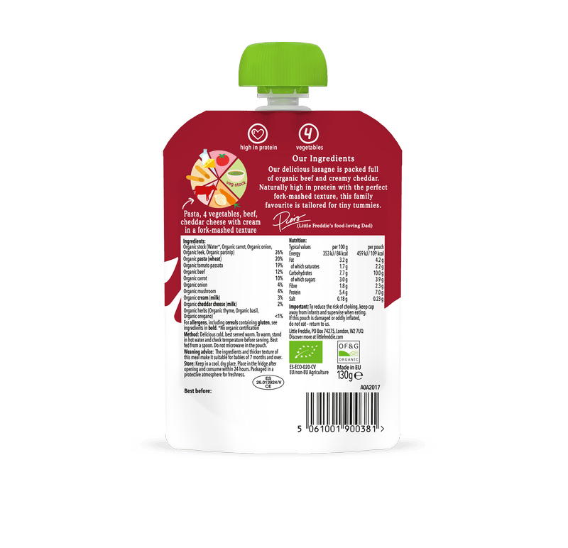 Little Freddie organic lasagne pouch with pasta, beef, and vegetables.