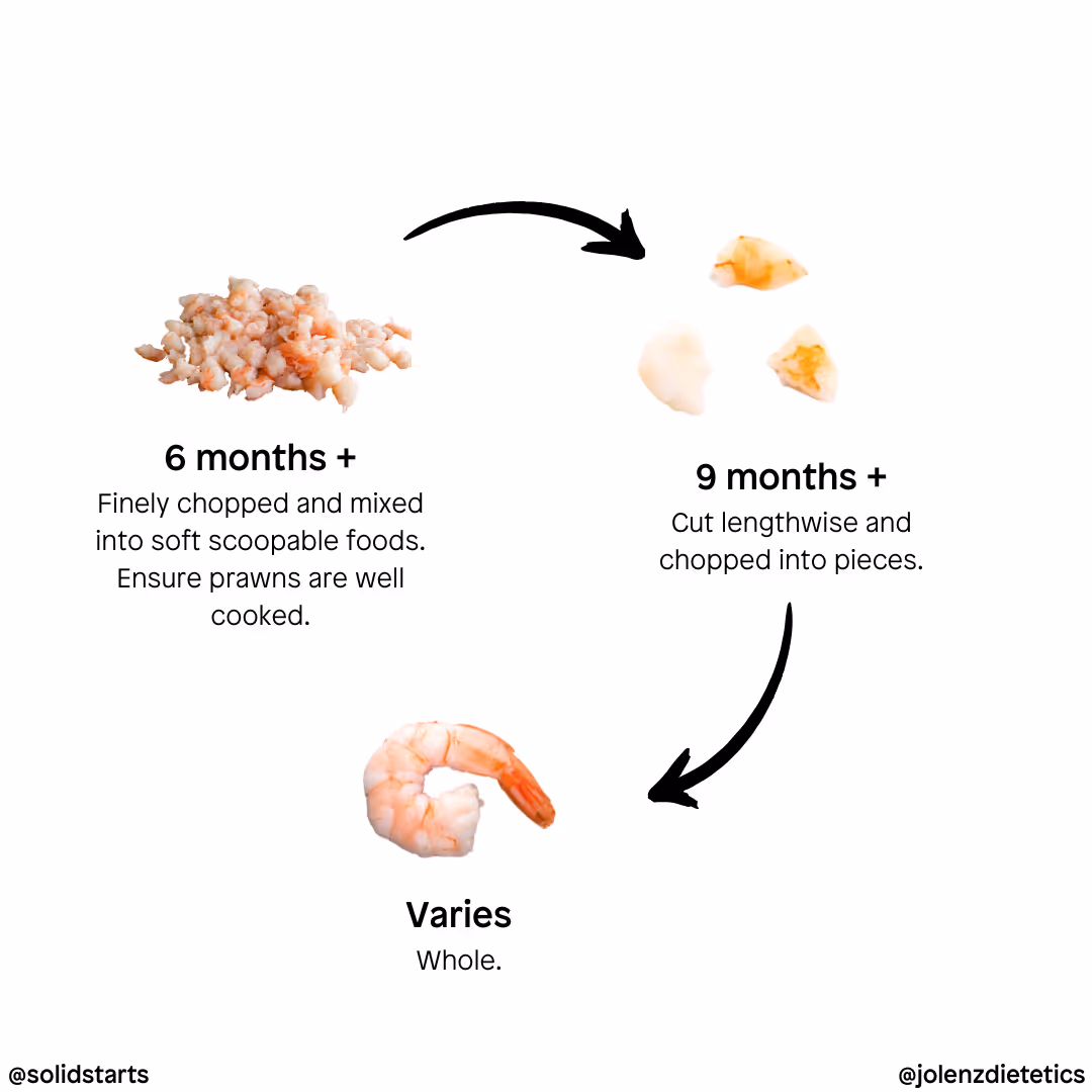 A diagram showing how to prepare prawns for babies at different stages: finely chopped from 6 months, cut into pieces from 9 months, and whole from varies.