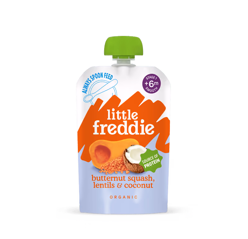 Butternut Squash, Red Lentils & Coconut front of pouch Little Freddie