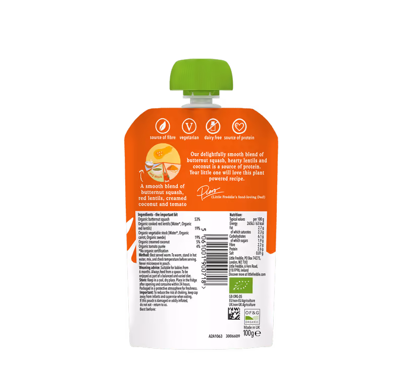 Back of Butternut Squash, Red Lentils & Coconut Little Freddie organic baby food pouch