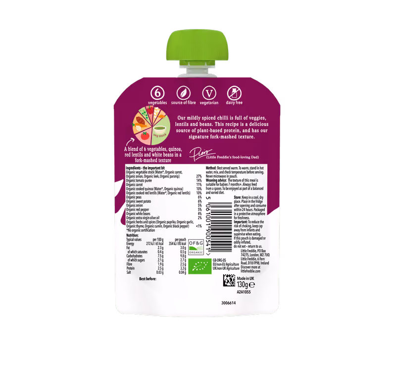 Back of Mild Veggie Chilli with Beans & Lentils Little Freddie organic baby food pouch showing ingredients and nutrition