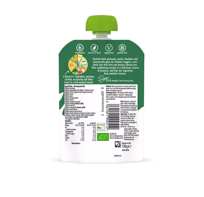 Back of Cheesy Pie with Vegetables Little Freddie organic baby food pouch