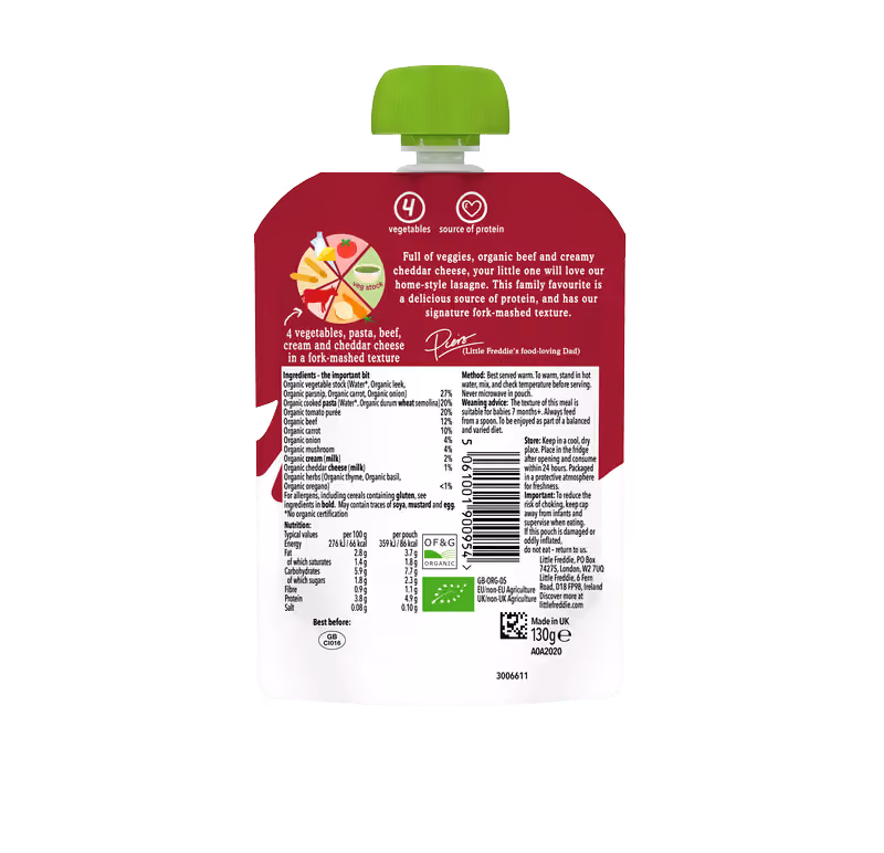 Back of organic baby food pouch for Little Freddie Vegetable & Beef Lasagne meal