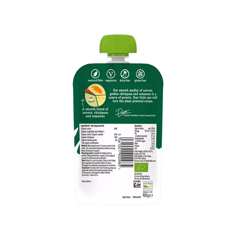 Organic baby food Carrot, Chickpea & Tomato Little Freddie pouch showing nutrition and ingredients
