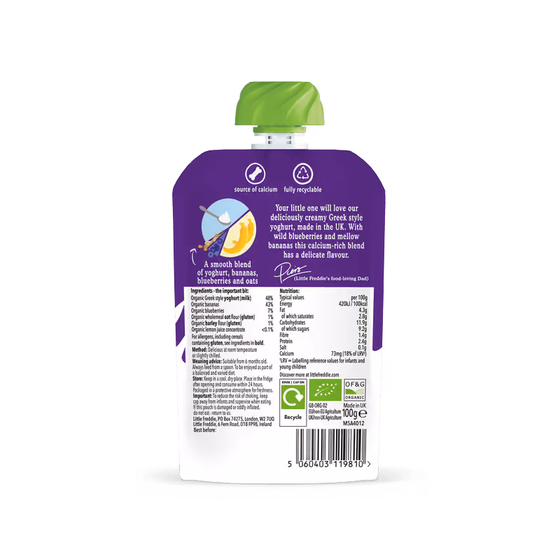 Blueberry & Banana Yoghurt organic baby food back of pouch showing ingredients and nutrition