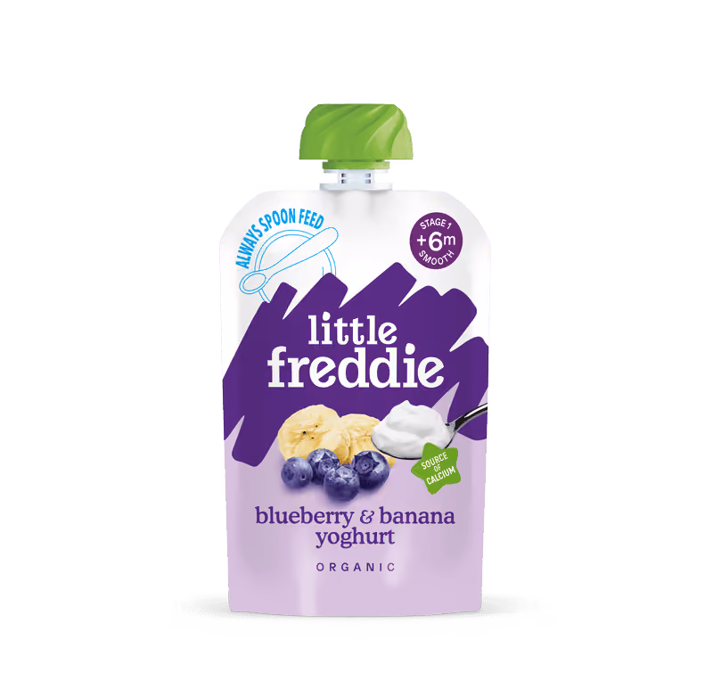 Blueberry & Banana Yoghurt front of Little Freddie organic baby food pouch