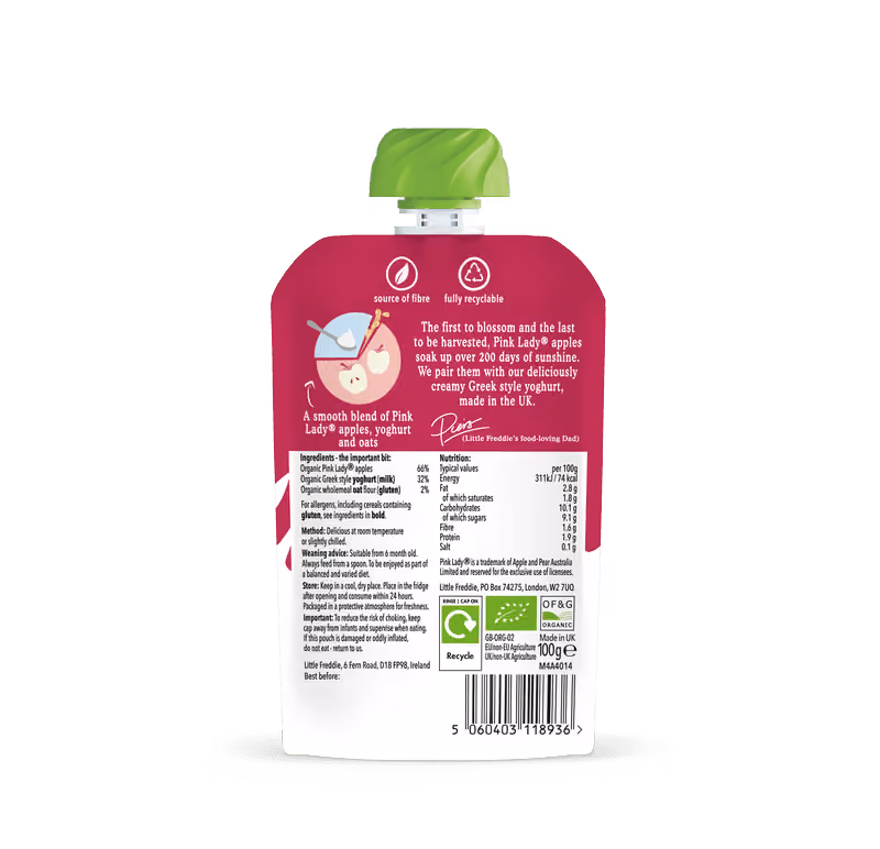 Back of Pink Lady® Apple Greek Style Yoghurt organic baby food pouch