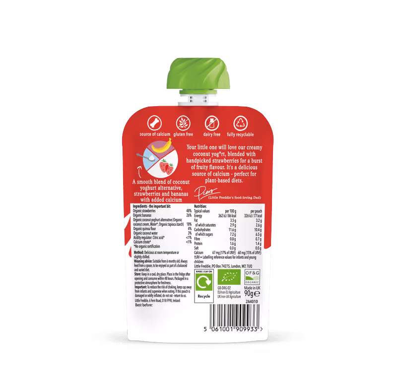 Back of pouch Little Freddie Dairy Free Strawberry Coconut Yog*rt organic baby food
