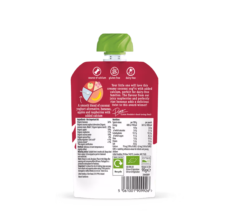 Back of organic baby food pouch flavour Dairy Free Banana & Raspberry Coconut Yogurt