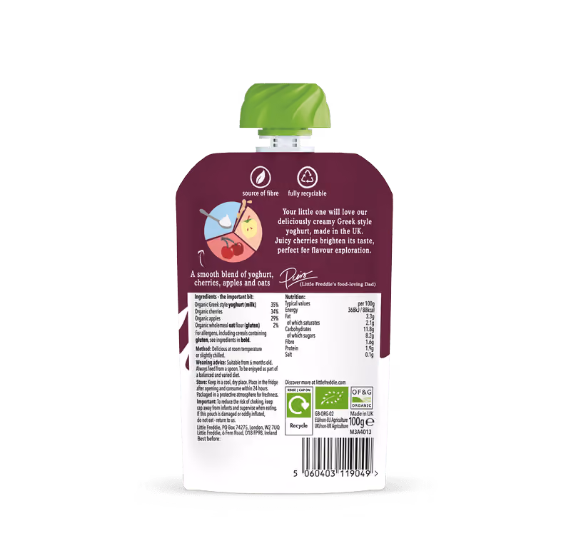 Back of Cherry Greek Style Yoghurt pouch