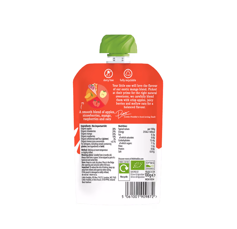 Back of organic Mangoes, Berries, Apples & Oats baby food pouch