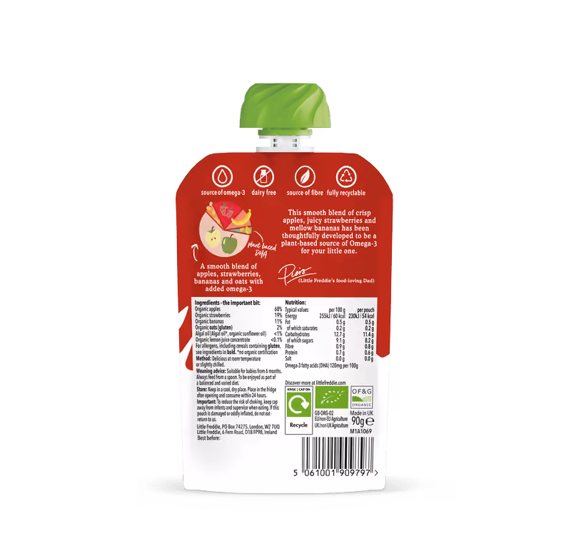 Back of Omega-3 Strawberries, Bananas & Apples Little Freddie baby food pouch