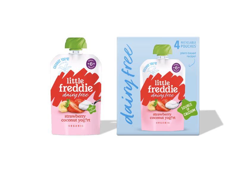 Dairy free strawberry coconut yoghurt multipack and pouch side by side