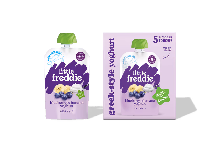 Blueberry & Banana Yoghurt Multipack and organic baby food pouch side by side