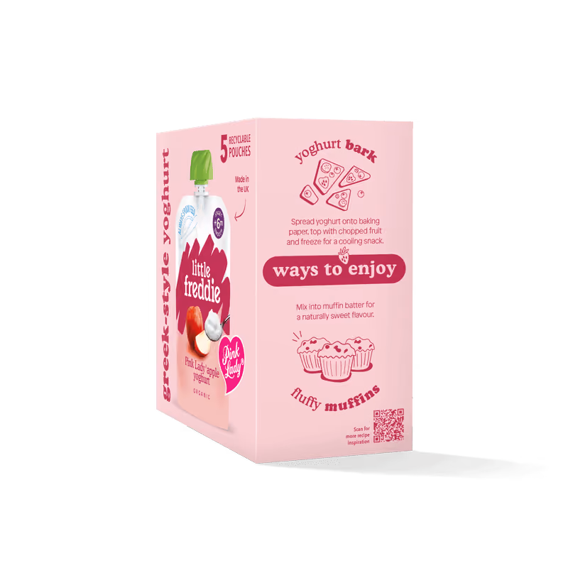 Side corner view of organic Pink Lady® Apple Greek Style Yoghurt Multipack