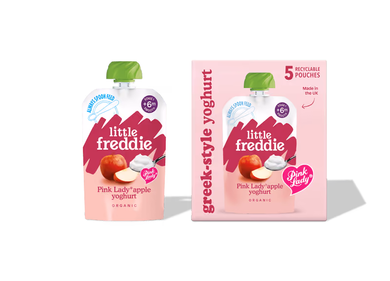 Pink Lady® Apple Greek Style Yoghurt Multipack and organic baby food pouch side by side