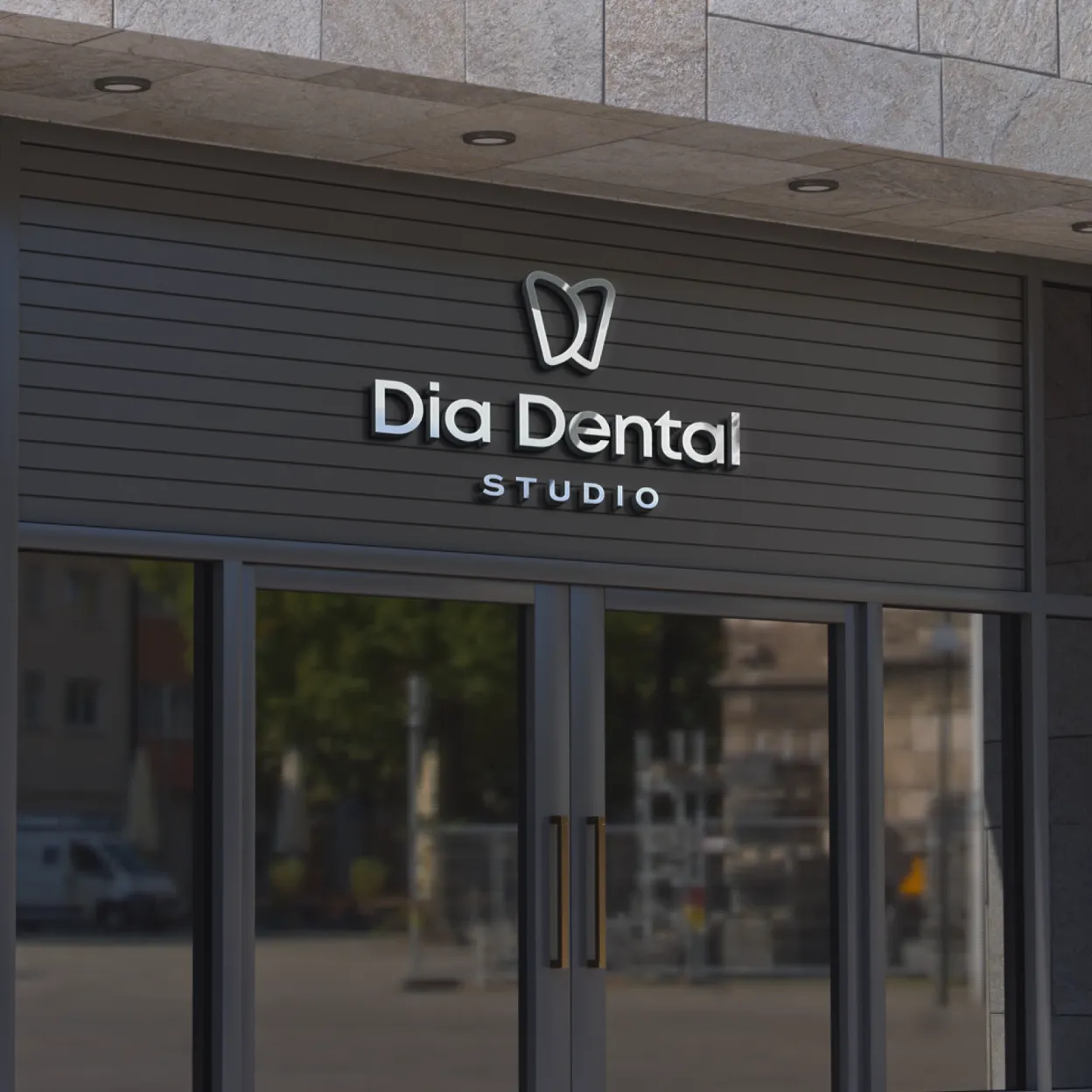Exterior of Dia Dental Studio with a modern glass door and a tooth-shaped logo above the signage.