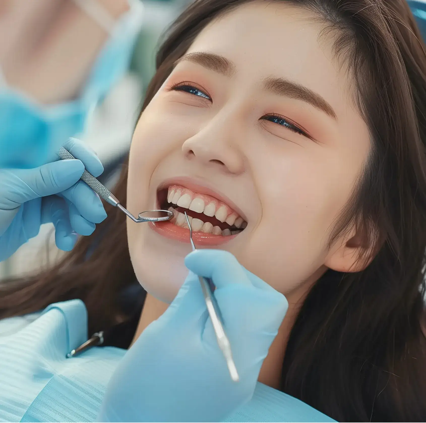 Female patient smiling during dental cleaning with dentist holding dental instruments near her teeth.