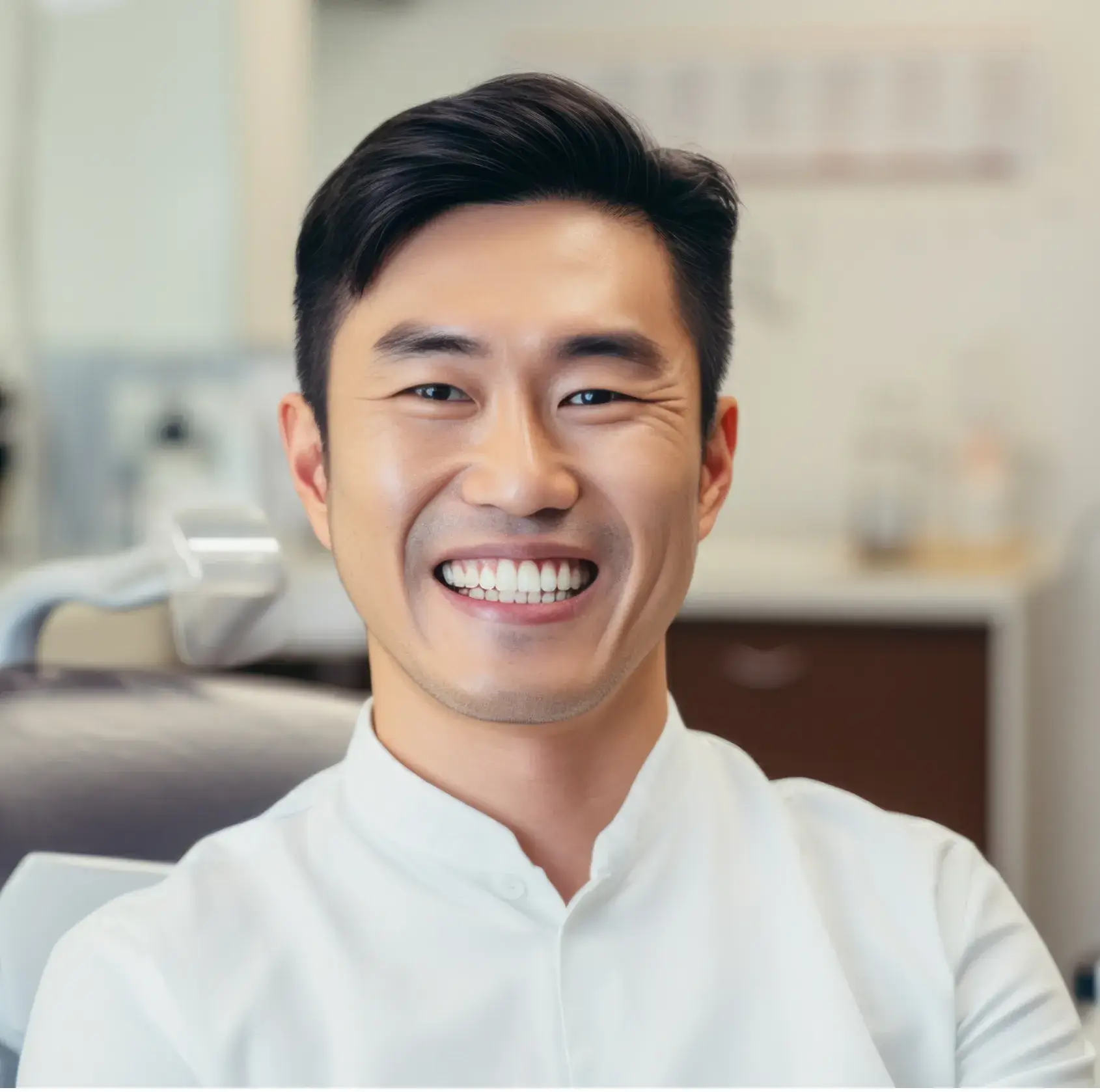 Smiling Asian dentist in white coat sitting in a dental clinic chair.