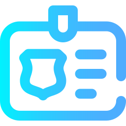 Icon of an identification badge with a shield emblem and horizontal lines representing text.