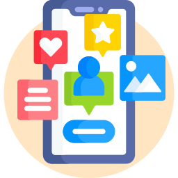 Smartphone screen displaying a user profile icon with social media interaction icons including a heart, star, message, and image.