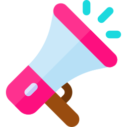 Colorful megaphone with pink, blue, and brown accents emitting sound lines.